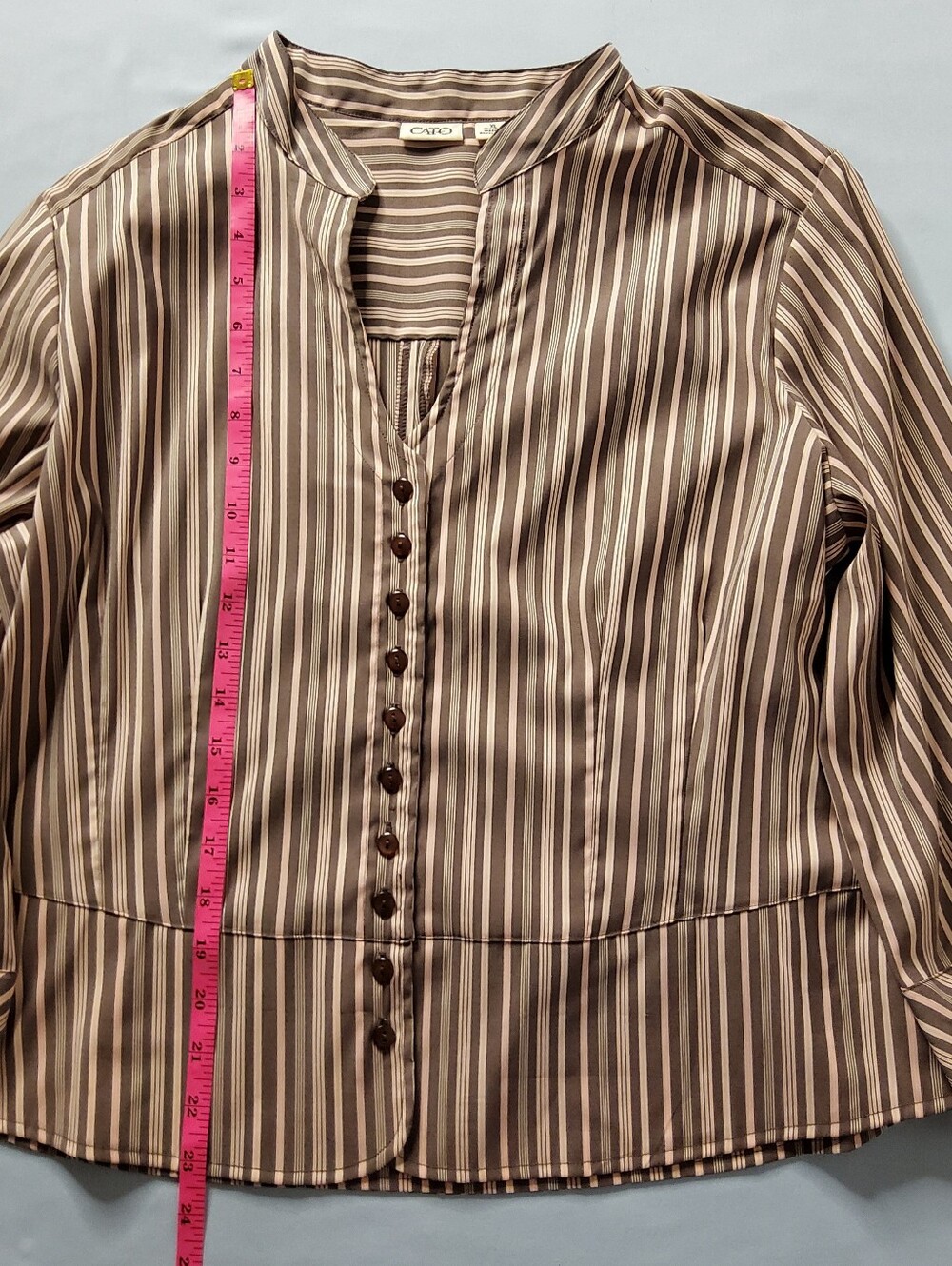 Cato Striped Button-Front Mandarin Collar Blouse in Taupe, Blush Pink, and Cream - Picture 3 of 10